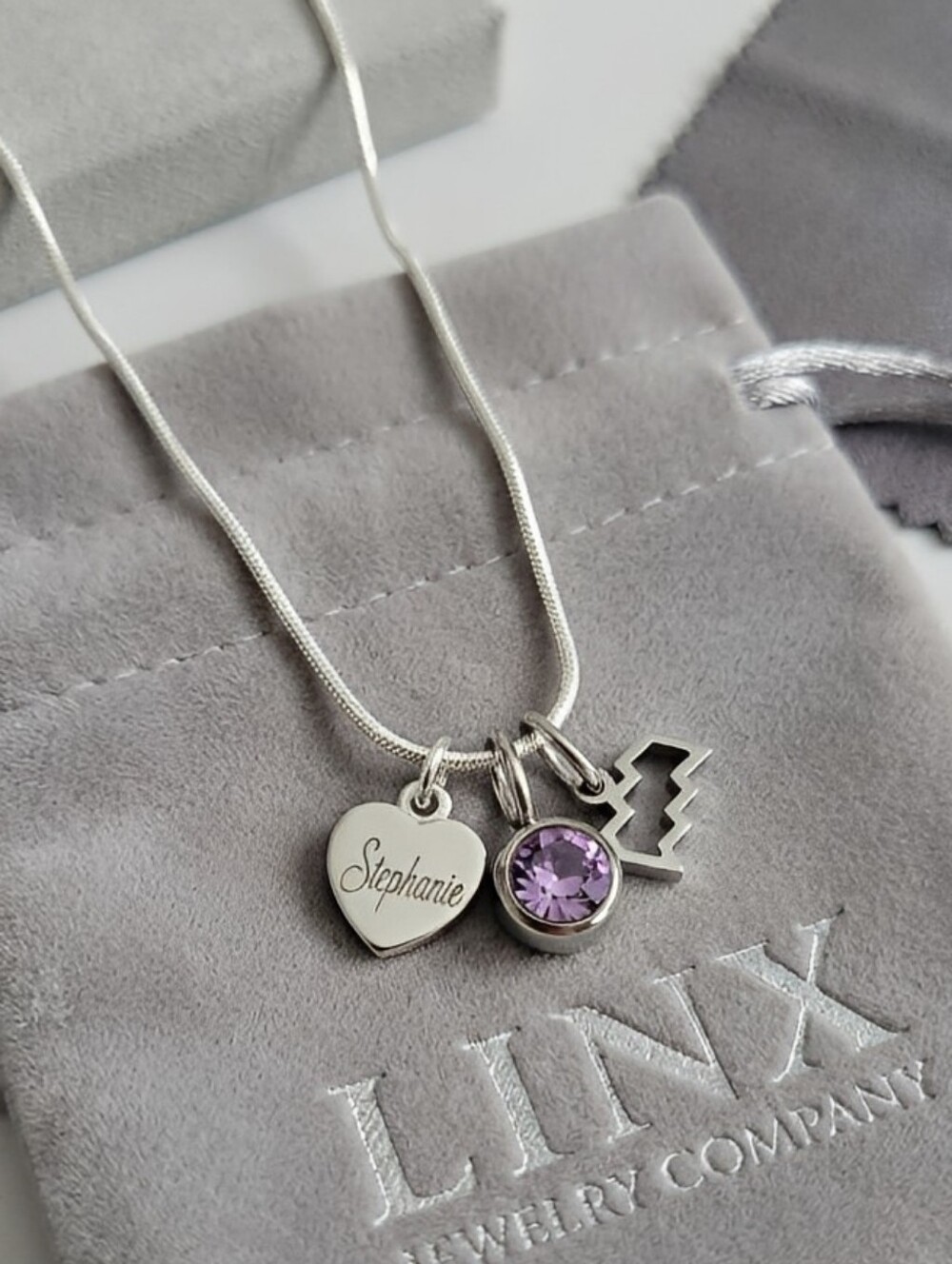 Personalized Name Heart, Birthstone & BirthSign Trio Dangle Charm 20 In Necklace